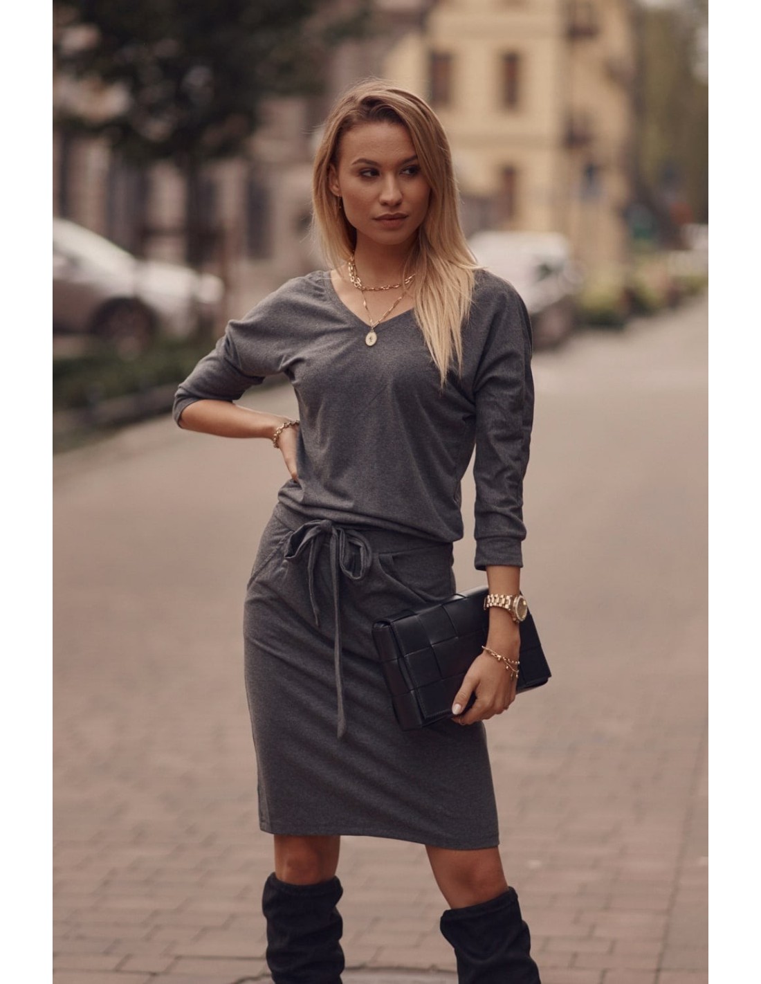 Dark gray Tie-waist dress 9729 - Online store - Boutique